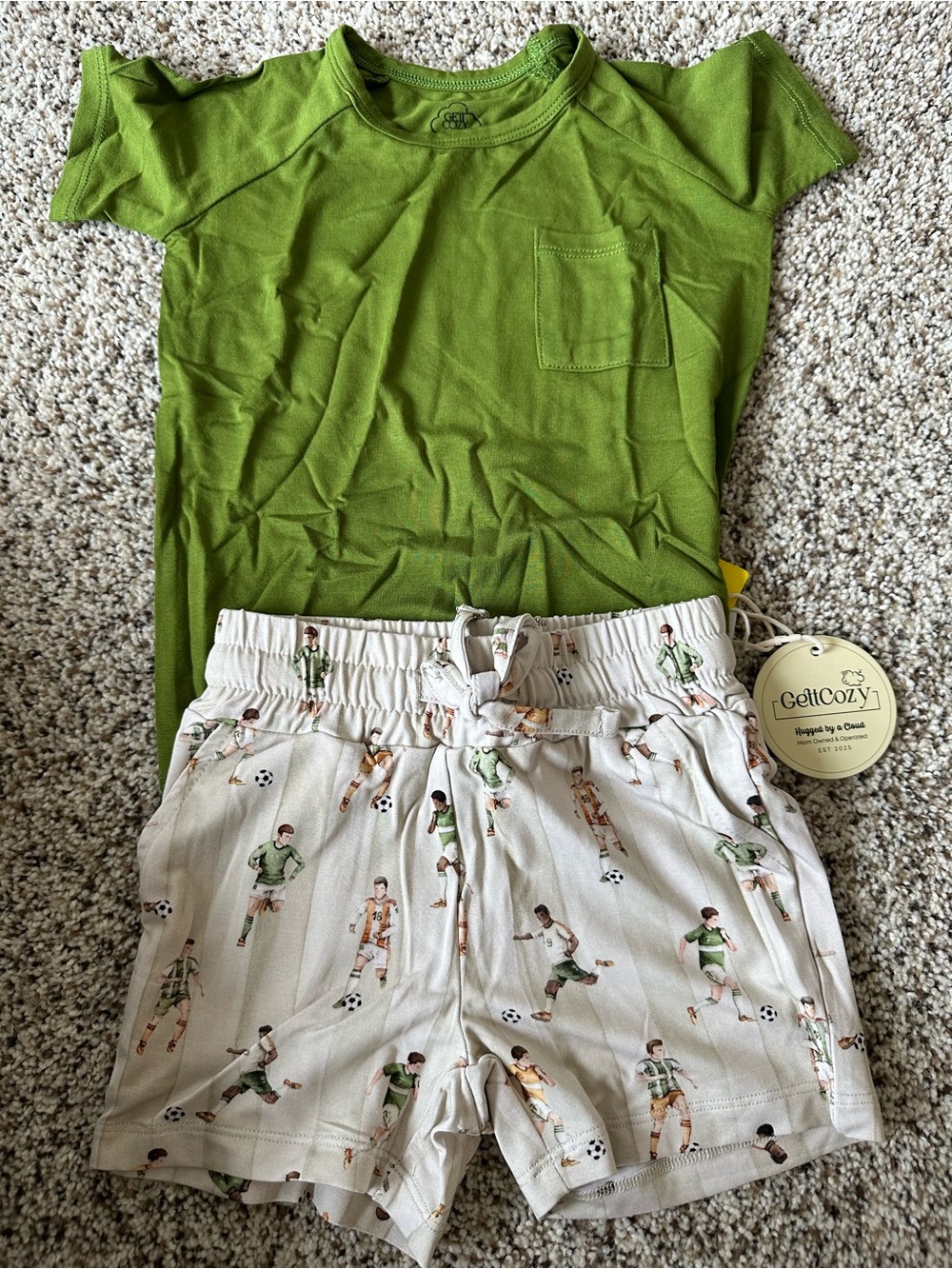 Kids Olive Green Pocket Tee & Cream Soccer-Print Bamboo Shorts Set